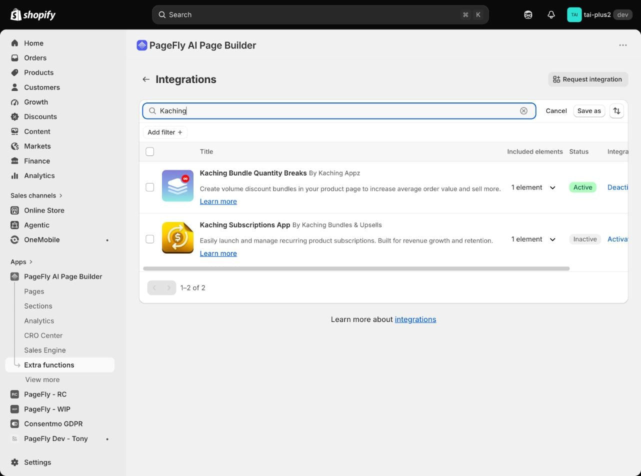 PageFly Integrations screen in the Shopify admin, searched for Kaching, showing Kaching Bundle Quantity Breaks with 1 element and status Active