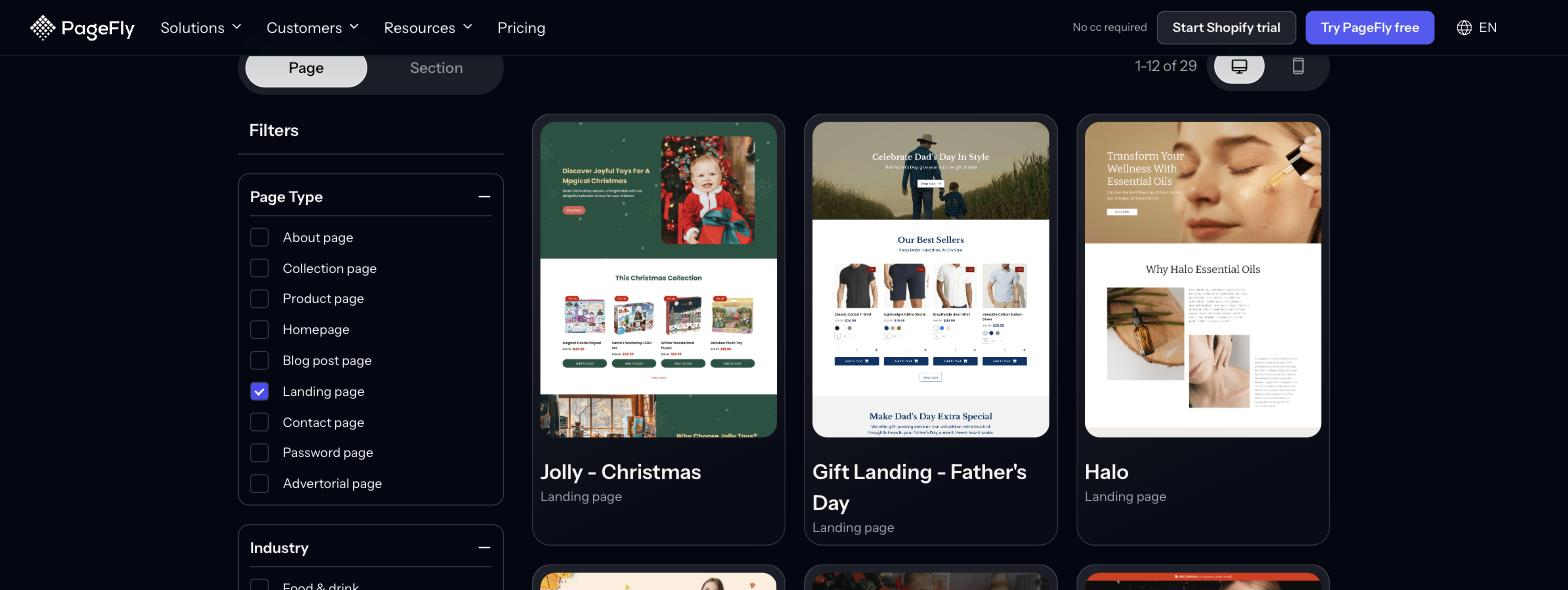 PageFly template library filtered to Landing page templates, showing 29 Shopify landing page templates