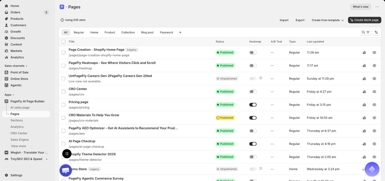 PageFly Pages list in Shopify admin showing page-type tabs (All, Regular, Home, Product, Collection, Blog post, Password) and a Type column marking each page Regular or Home