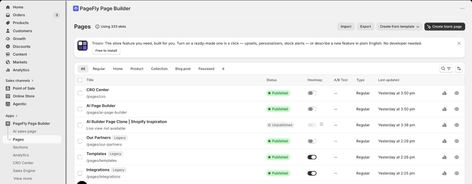 PageFly Pages dashboard inside Shopify admin, with page type tabs for Home, Product, Collection and Blog post
