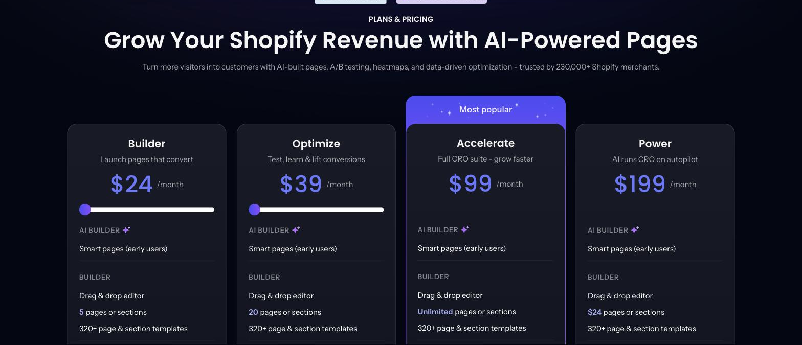 PageFly pricing page showing the Builder, Optimize, Accelerate and Power plans with monthly prices and page limits