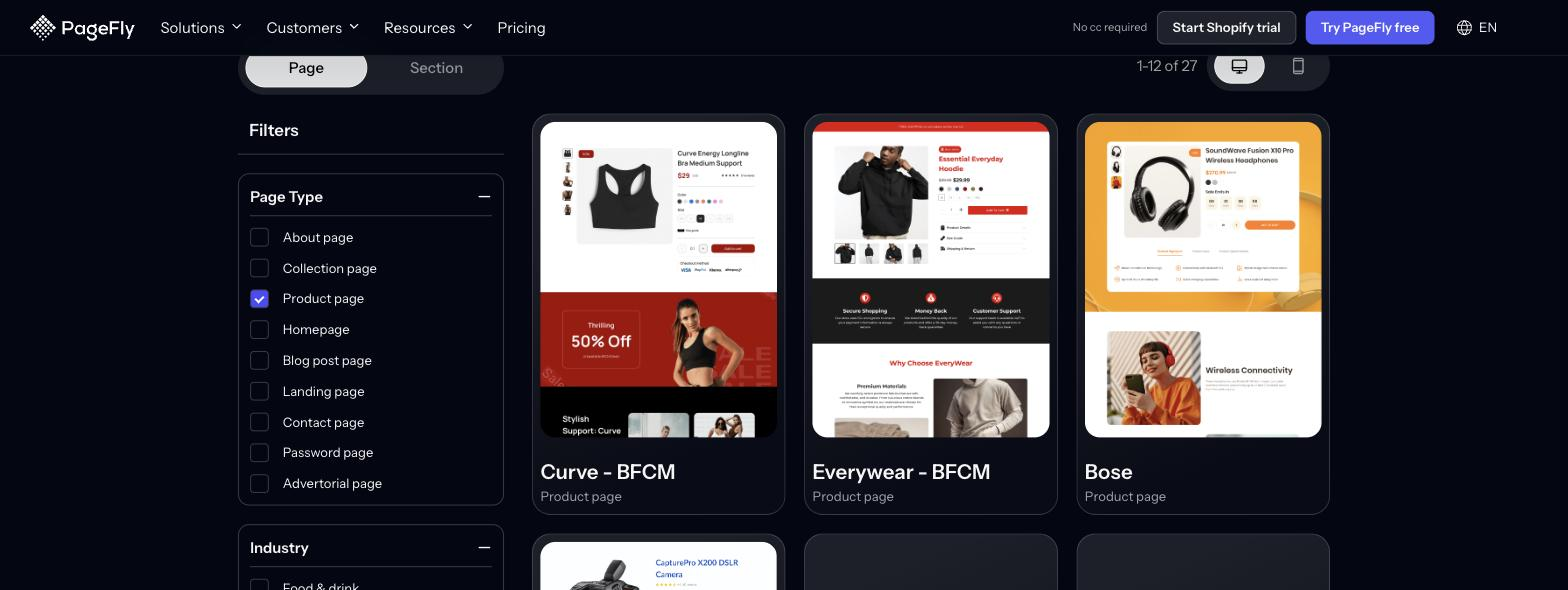 PageFly template library filtered to Product page templates, showing 27 Shopify product page templates