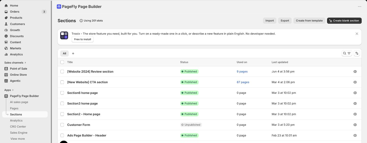PageFly Sections list inside Shopify admin showing reusable sections and how many pages each one is used on