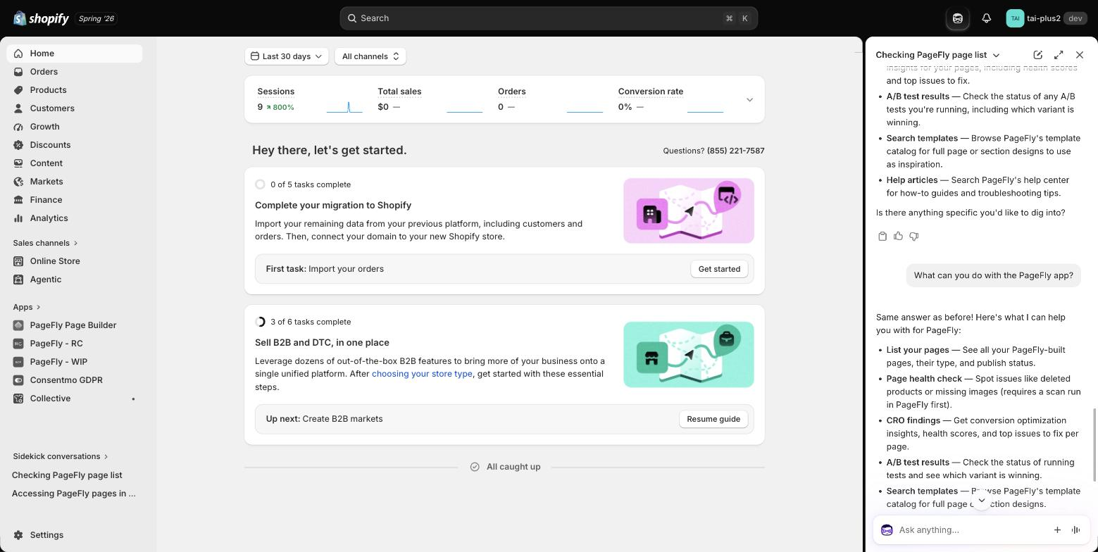 Shopify Sidekick panel listing what it can do with PageFly: list your pages, page health check, CRO findings, A/B test results
