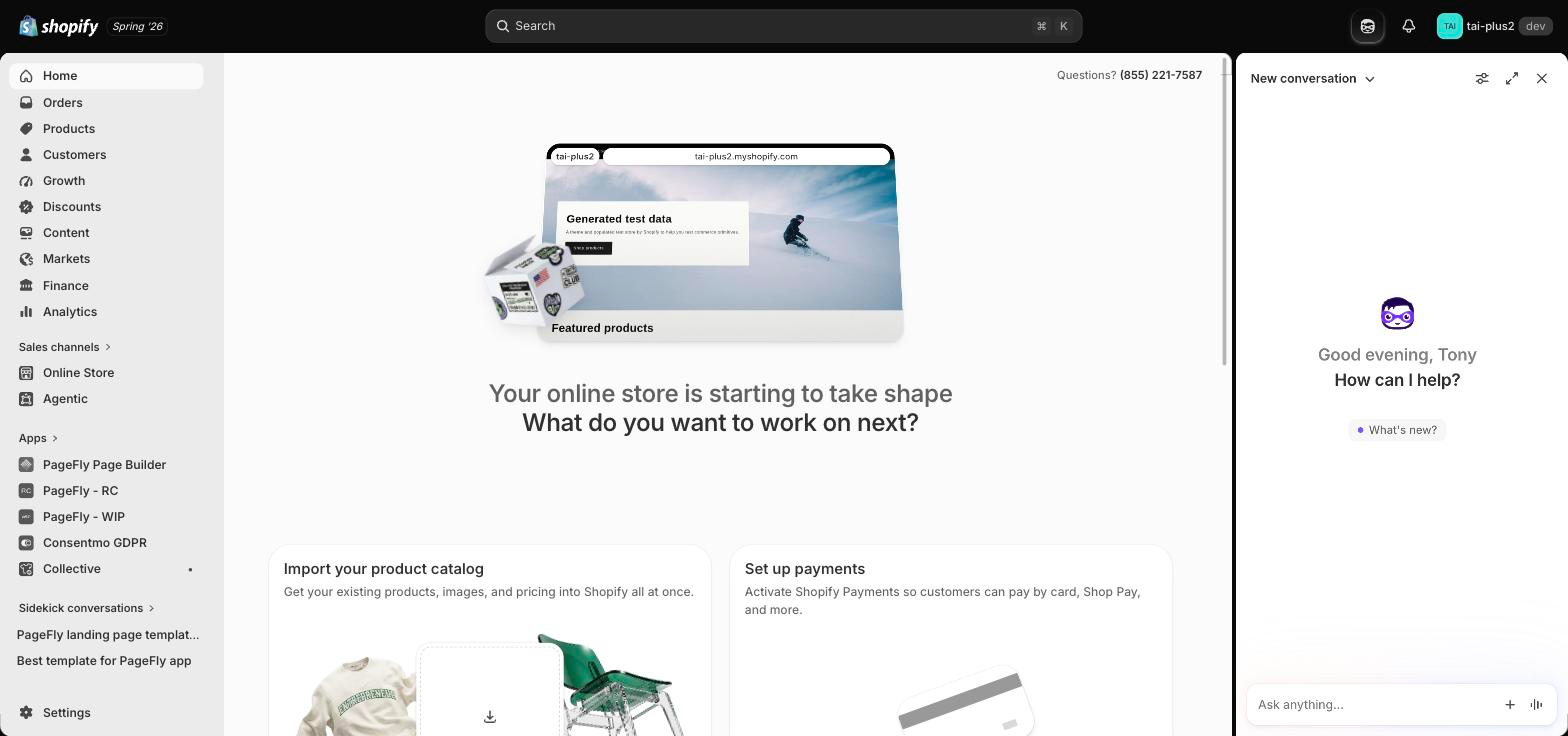 Shopify admin with the Sidekick icon in the top bar and the Sidekick panel open on the right, ready for a question