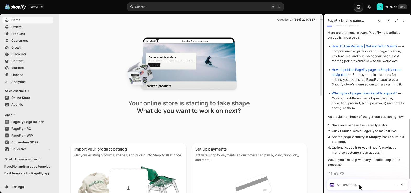 Shopify Sidekick returning three PageFly help center articles about publishing a page, plus a four-step publishing flow