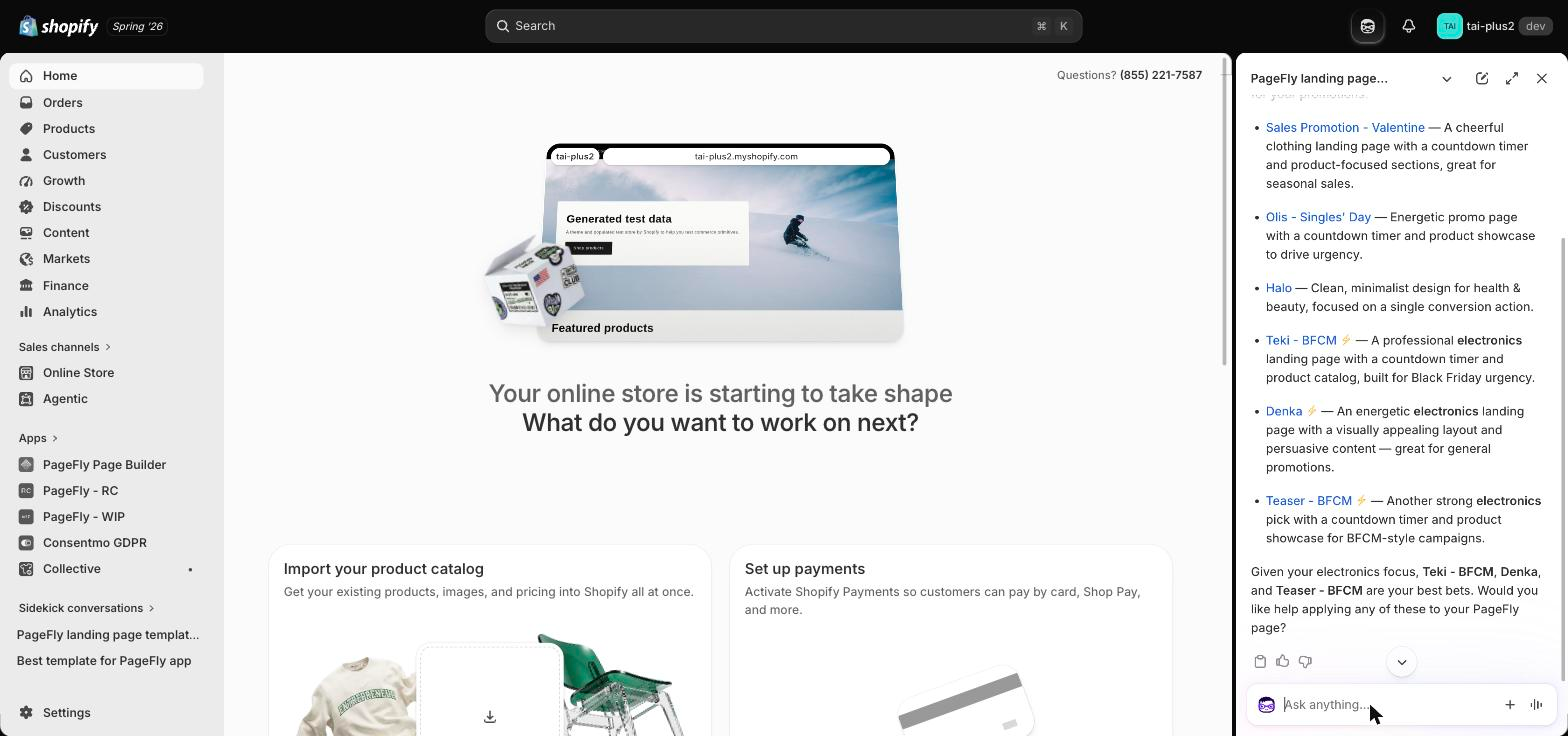 Shopify Sidekick returning six PageFly landing page templates for a sale, each with a name, link and description, and recommending the electronics-focused ones