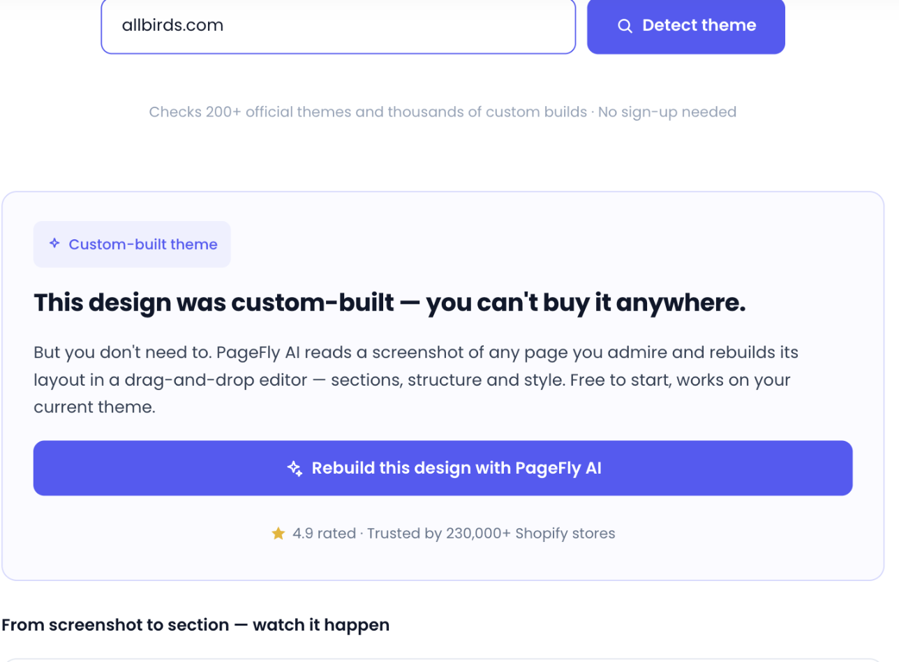 PageFly Shopify theme detector result for allbirds.com showing a Custom-built theme that cannot be purchased anywhere