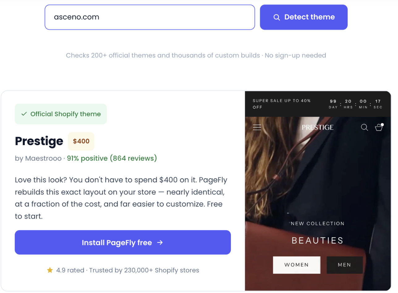 PageFly Shopify theme detector result for asceno.com showing Official Shopify theme, Prestige, $400, by Maestrooo, 91% positive from 864 reviews
