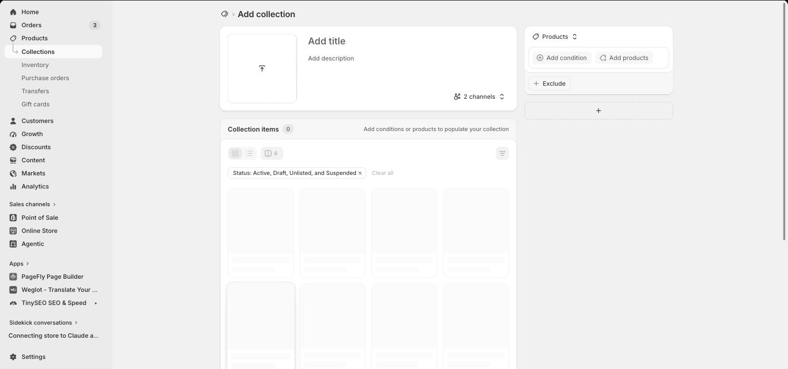 Shopify admin Add collection form showing the title, description, sales channels and collection conditions fields