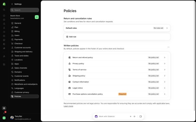 Shopify admin Settings > Policies page on the Bearie demo store, showing Return and cancellation rules with Default rules set to No rules set, and the Written policies list with Return and refund policy at No policy set
