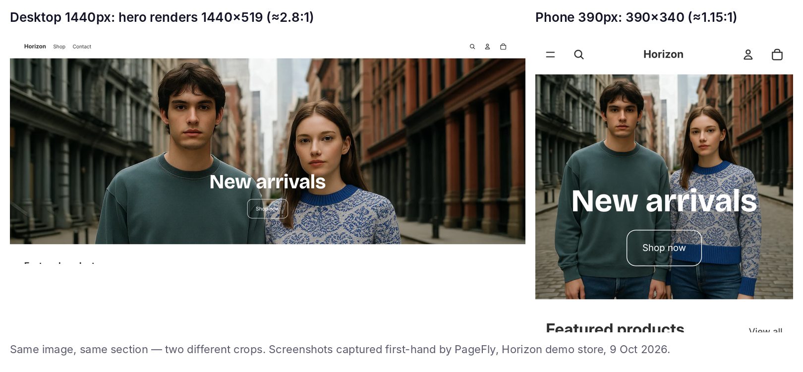 Shopify Horizon hero banner on a 1440px desktop (1440x519) next to the same banner on a 390px phone (390x340)