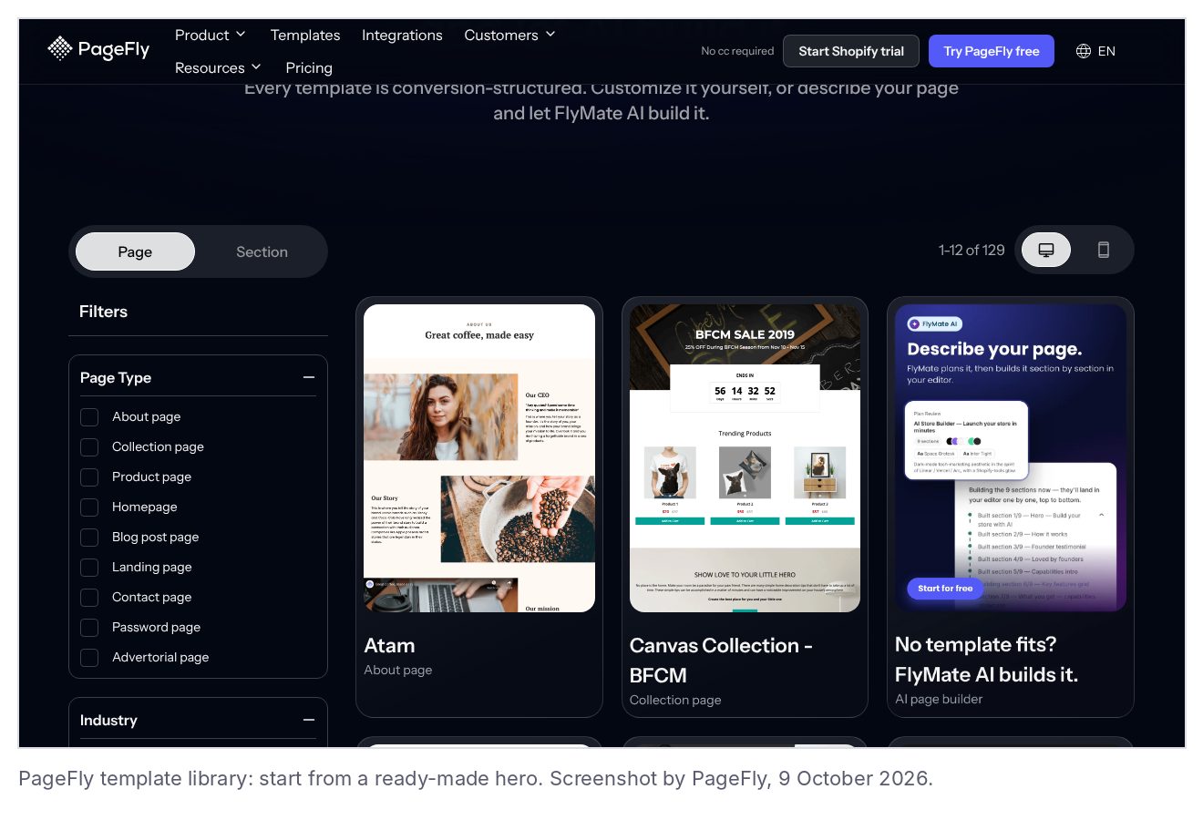 PageFly template library with page templates for Shopify stores