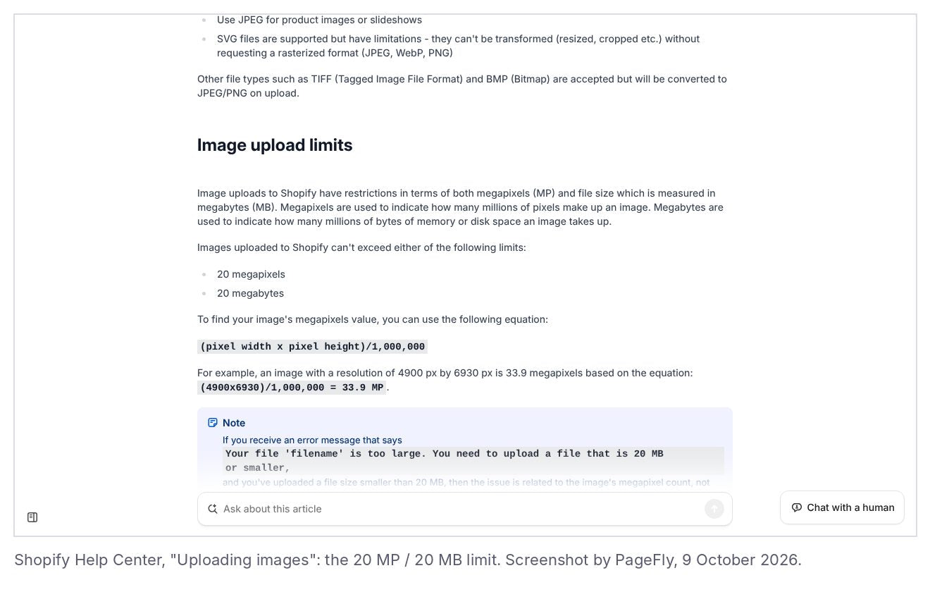 Shopify Help Center Uploading images page showing the 20 megapixel and 20 megabyte image upload limits