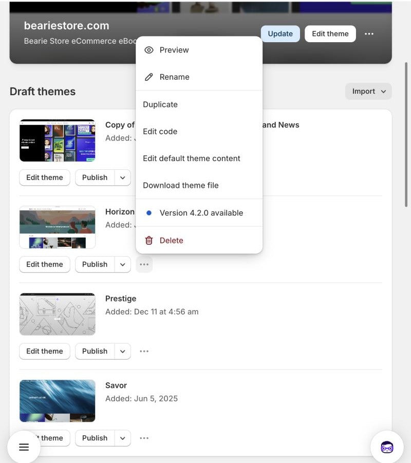 The menu for the Shopify-made Horizon theme on PageFly's demo store on October 5, 2026, showing Duplicate but no Duplicate in Canvas option yet