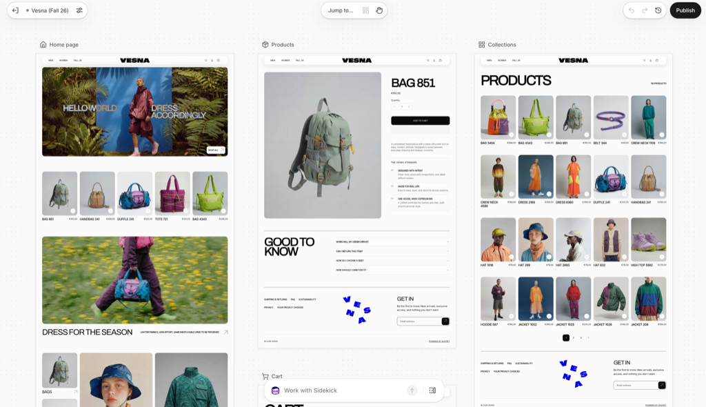 The Shopify Canvas overview with the Home page, Products and Collections templates displayed side by side