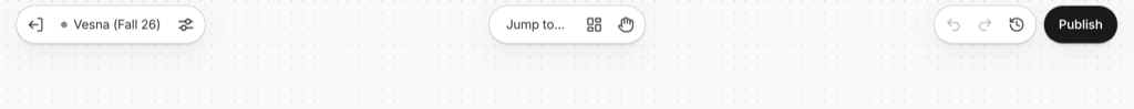 The Shopify Canvas top bar with the exit icon, theme name, Jump to field, view controls, undo and redo, and the Publish button