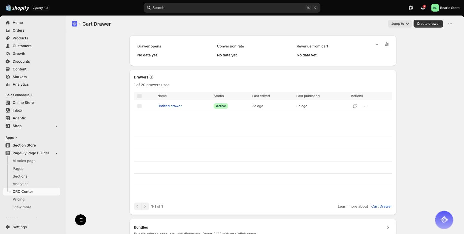 PageFly Cart Drawer dashboard in the Shopify admin showing drawer opens, conversion rate and revenue from cart