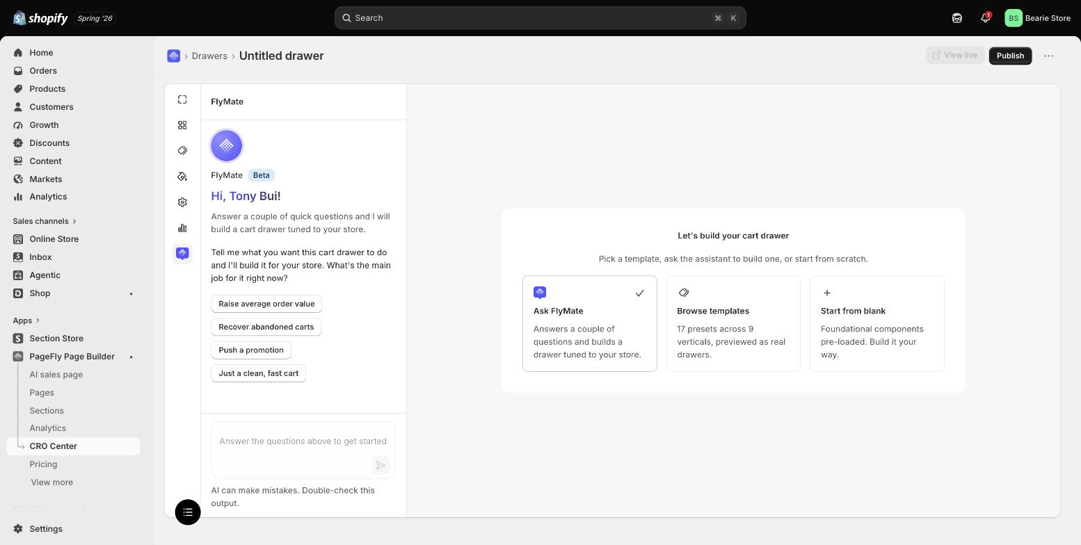 PageFly Cart Drawer builder showing three ways to start: Ask FlyMate AI, Browse templates with 17 presets across 9 verticals, or Start from blank