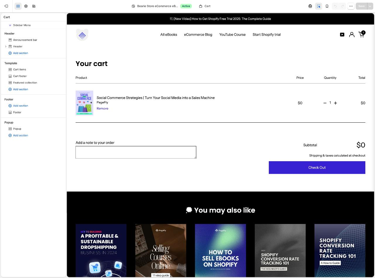 Shopify theme editor with the Cart template loaded and one product in the cart; the left sidebar lists the Cart items and Cart footer sections under Template