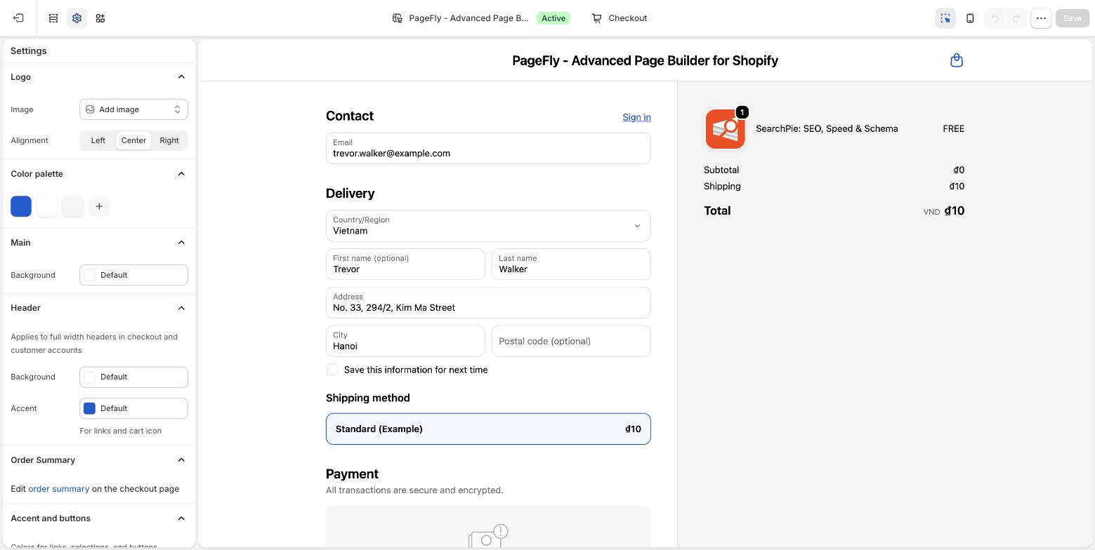 Shopify checkout editor with the Settings panel open showing logo, color palette, header and main background options