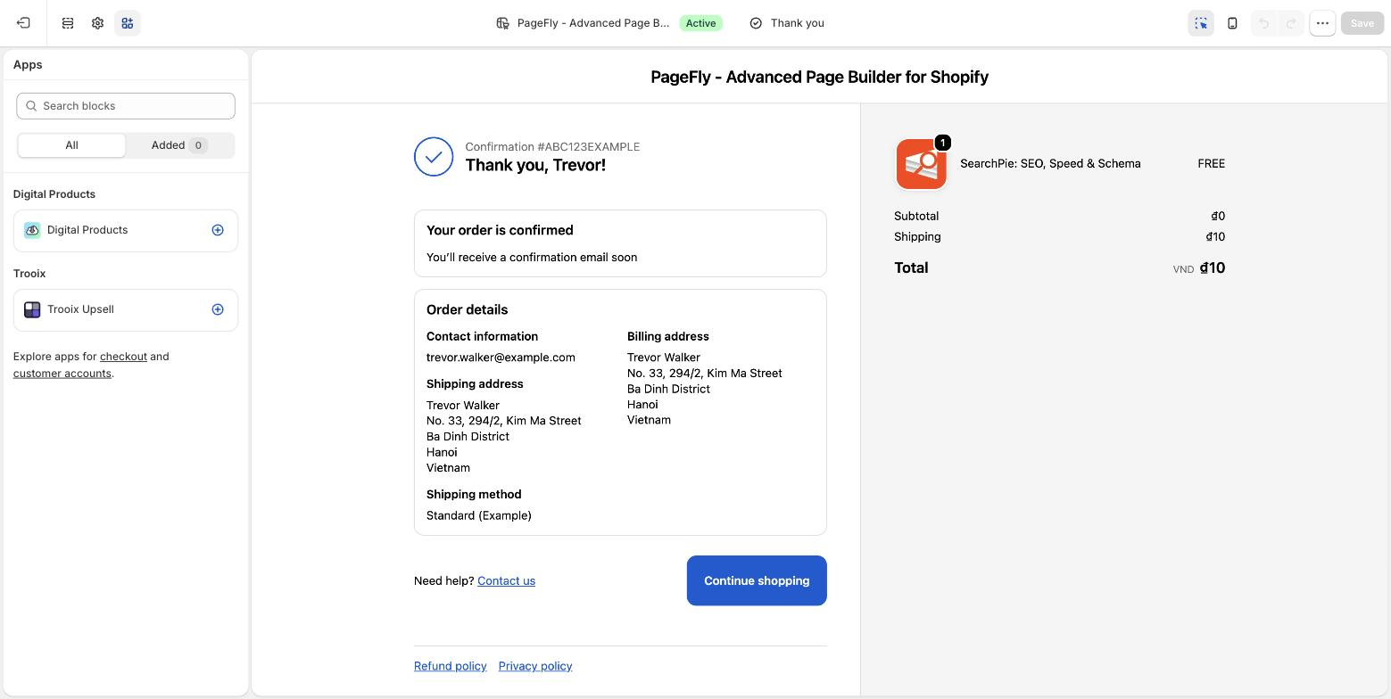 Shopify checkout editor on the Thank you page showing the Apps sidebar with app blocks that can be added