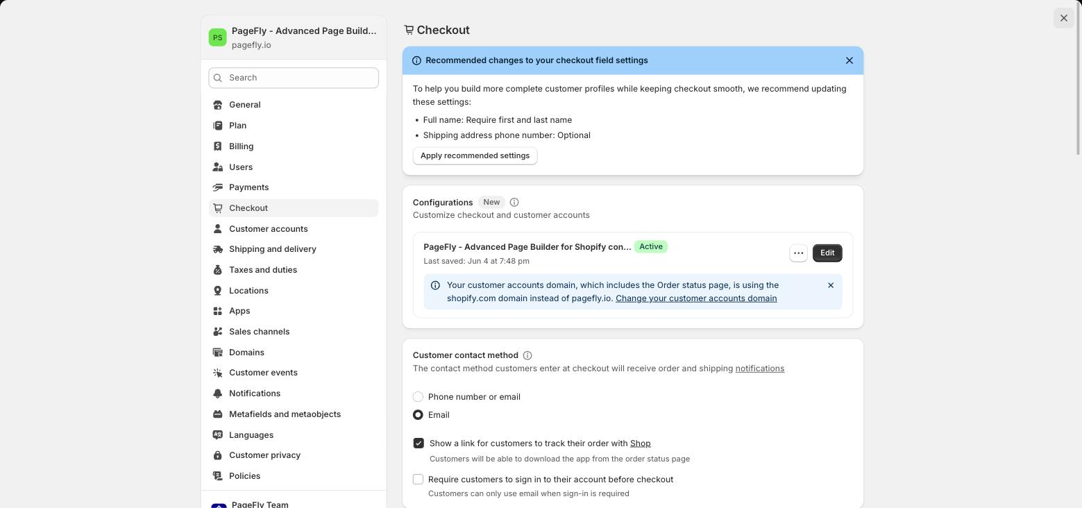 Shopify admin Settings → Checkout showing the checkout configurations list and the Edit button