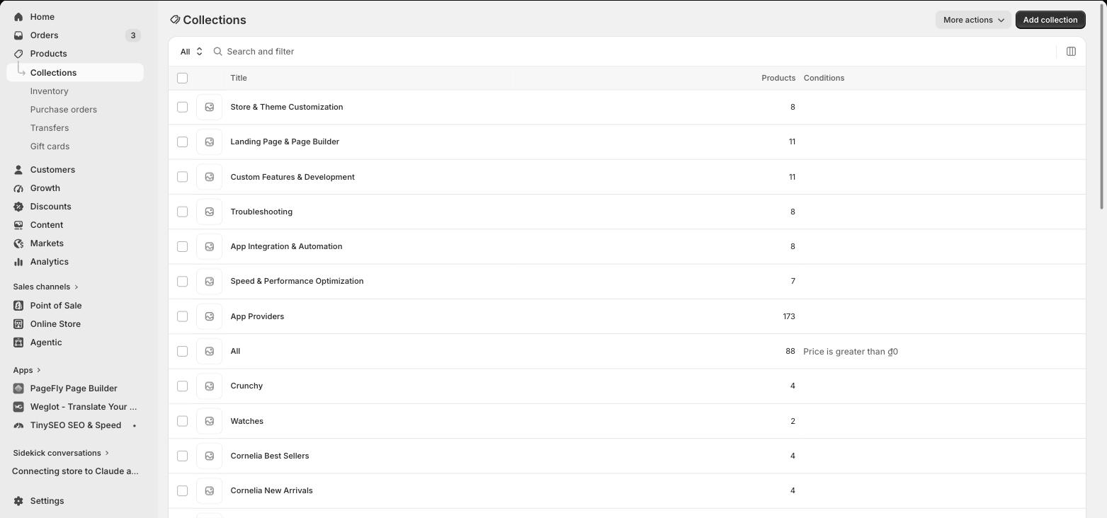 Shopify admin Collections page with the Add collection button, Products then Collections highlighted in the left navigation