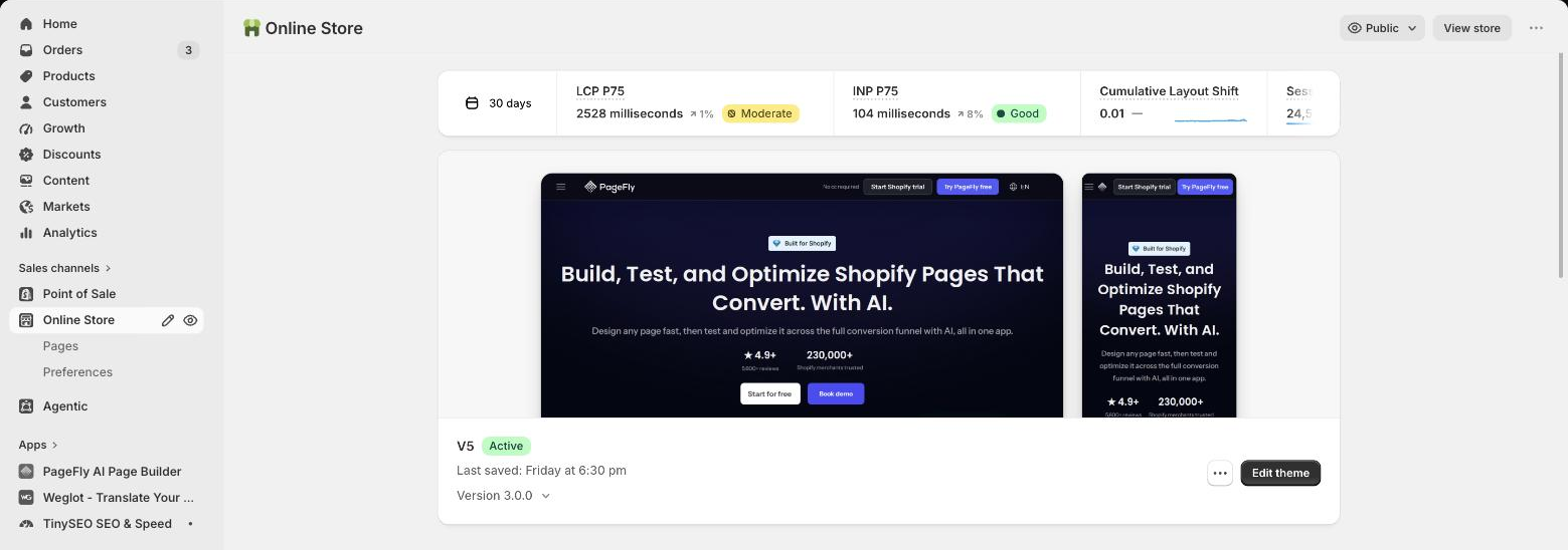 Shopify admin Online Store page showing 30-day Core Web Vitals: LCP 2528 ms Moderate, INP 104 ms Good, CLS 0.01