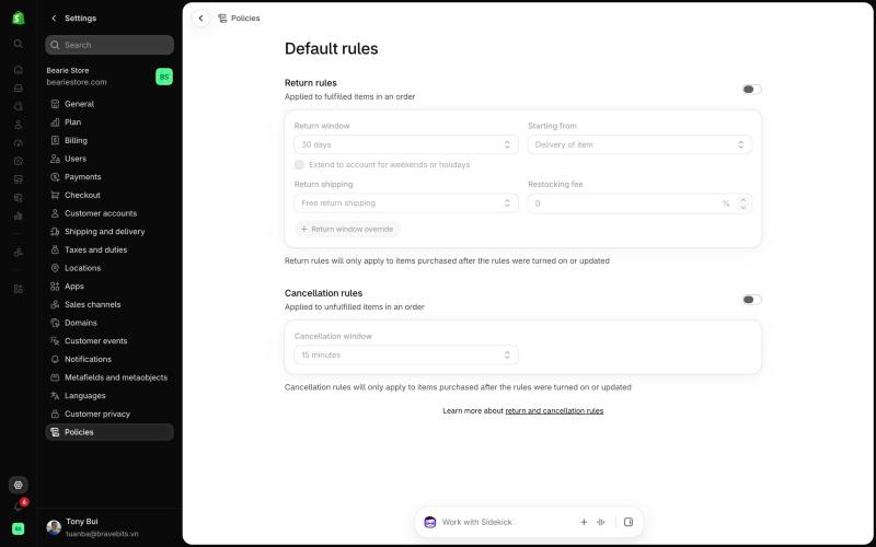 Shopify Default rules screen with Return rules turned off showing a 30 days return window starting from delivery of item, free return shipping, 0 percent restocking fee and a return window override button, plus Cancellation rules with a 15 minutes window