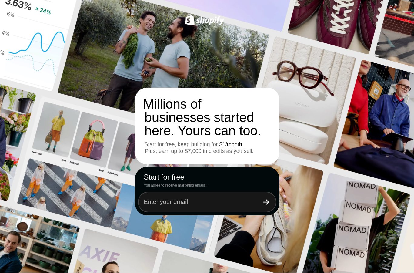 Shopify free-trial landing page: one email field, one Start for free button, no navigation menu