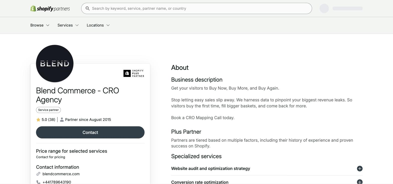 Shopify Partners Directory profile showing the Shopify Plus Partner badge, a 5.0 rating from 38 reviews and a partner-since date