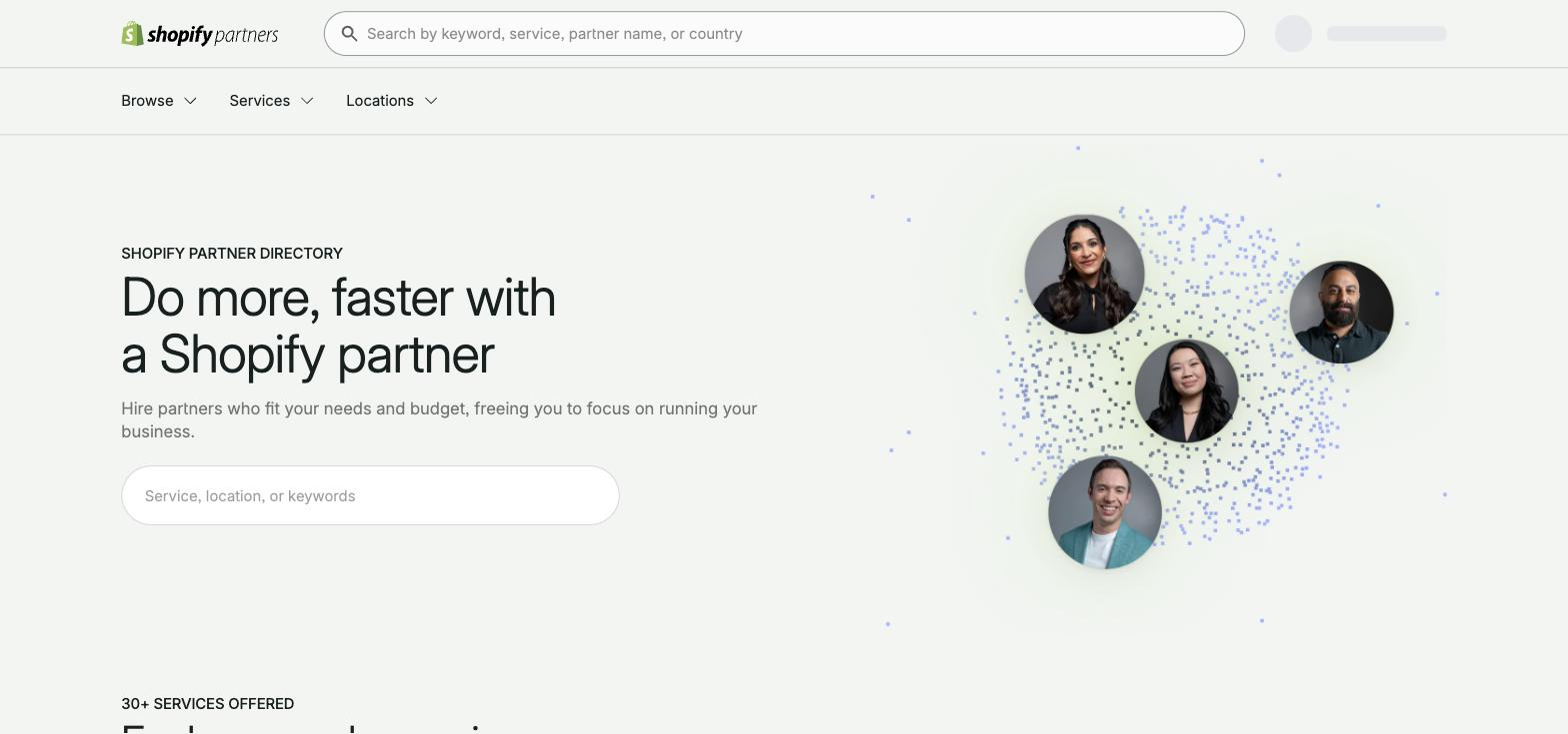 The Shopify Partners Directory home page with keyword, service and country search filters