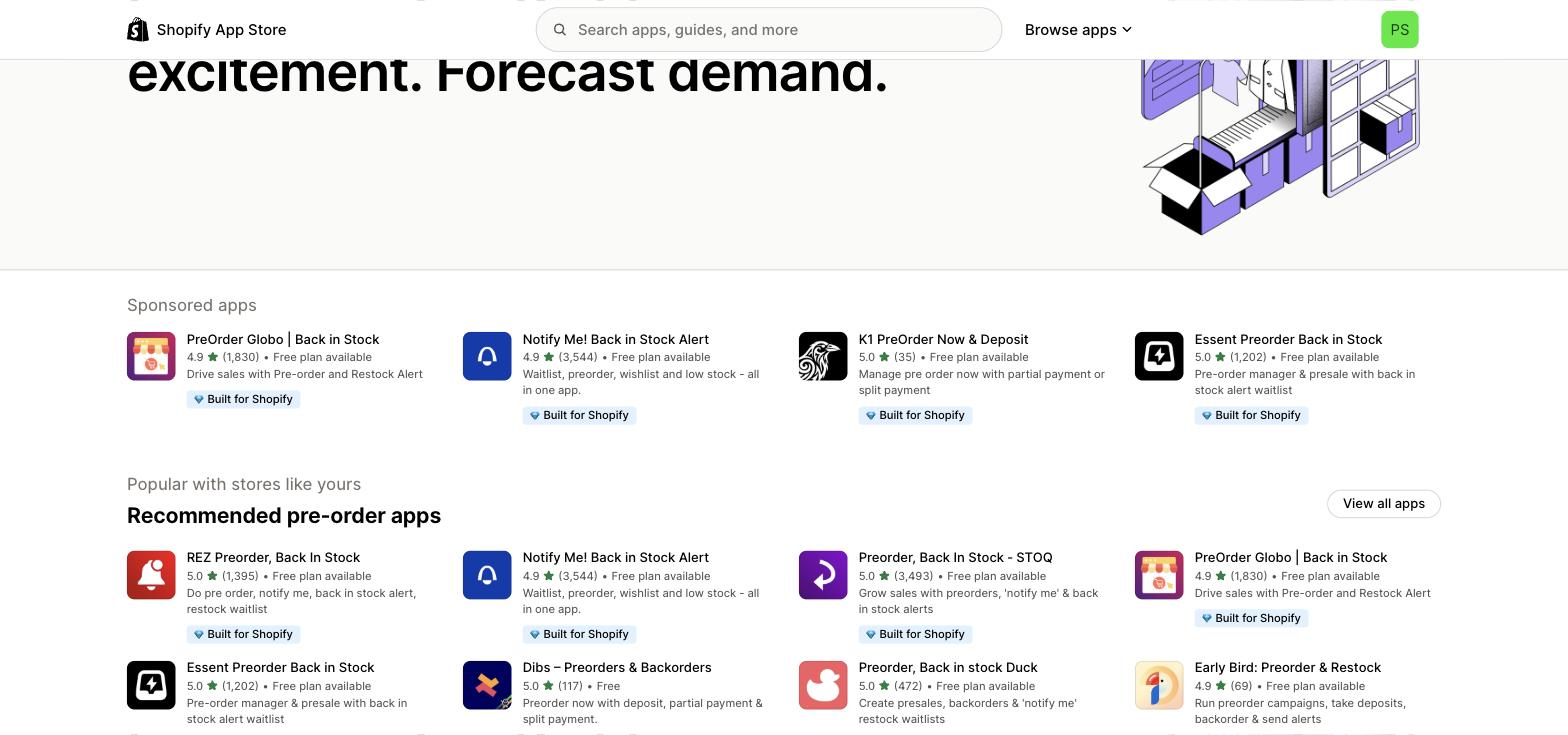 Shopify App Store pre-orders category page listing recommended pre-order apps with ratings and Built for Shopify badges