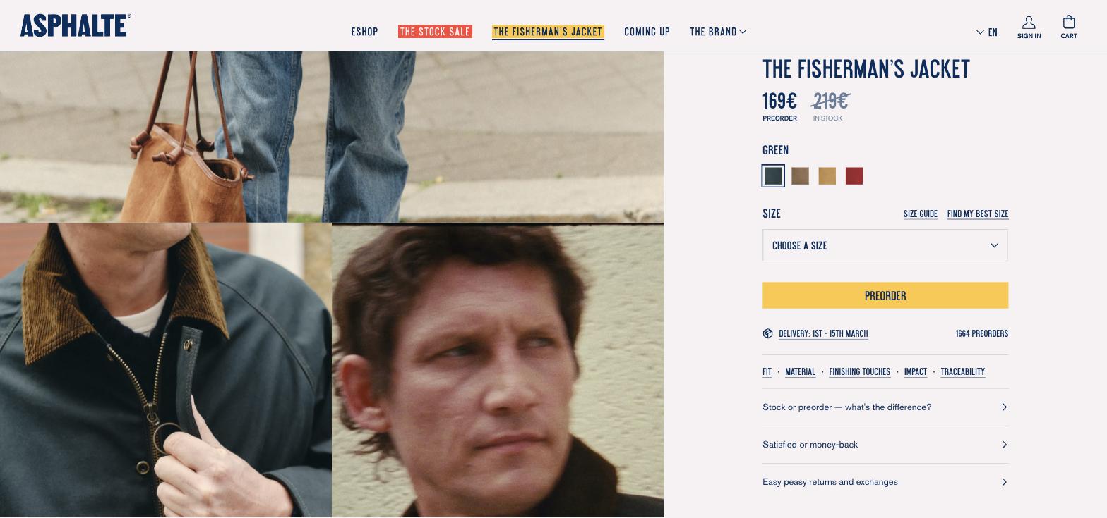 Asphalte Fisherman's Jacket pre-order product page showing the preorder price, a Preorder button, a delivery date window and a pre-order counter
