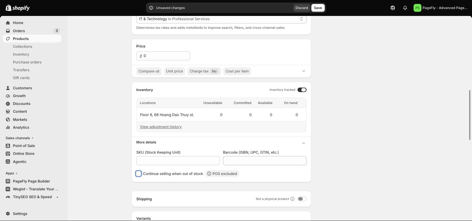 Shopify product Inventory section with the Continue selling when out of stock checkbox and a POS excluded badge
