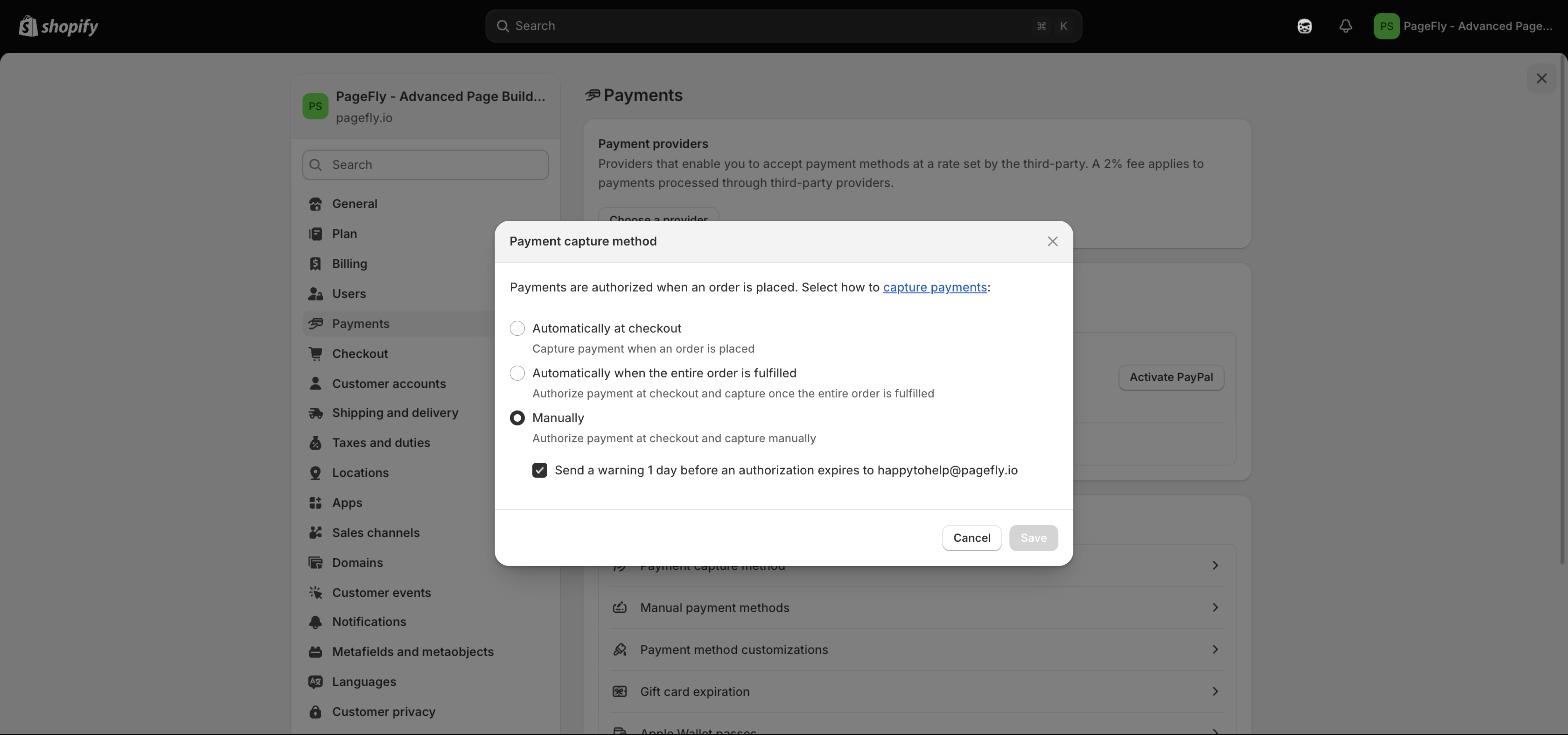 Shopify admin Settings Payments Payment capture method dialog showing Automatically at checkout, Automatically when the entire order is fulfilled, and Manually