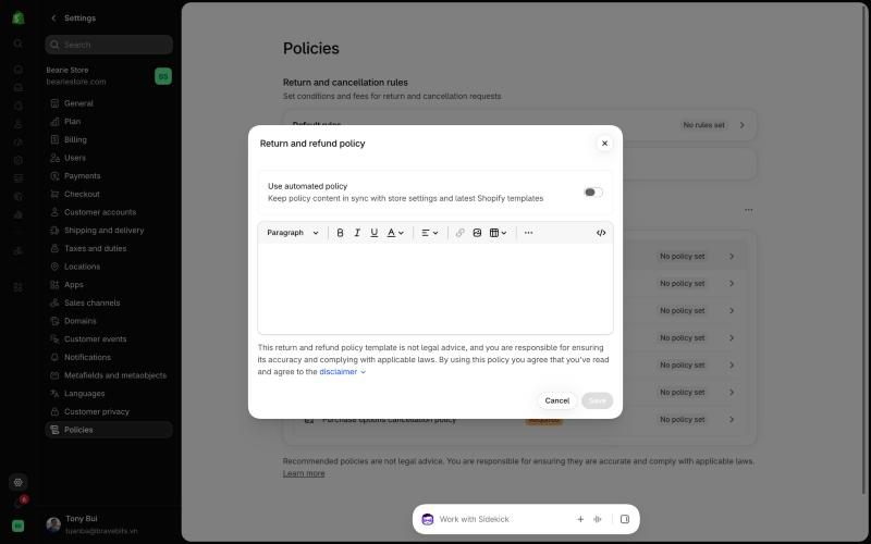 Return and refund policy editor in the Shopify admin with the Use automated policy toggle, described as keeping policy content in sync with store settings and the latest Shopify templates, above an empty rich text editor