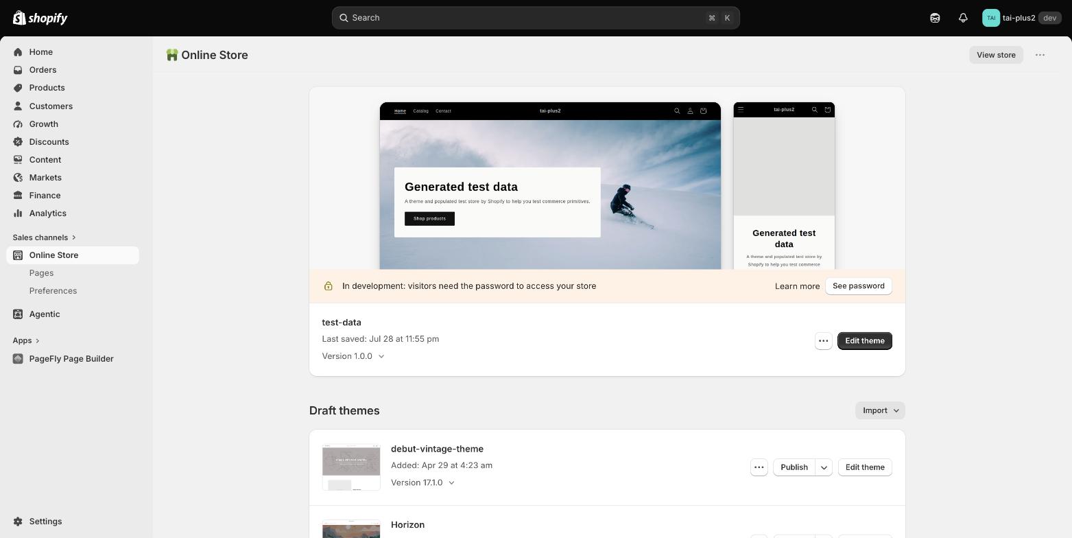 Shopify admin Online Store Themes page showing the Edit theme button and draft themes including a vintage theme and Horizon