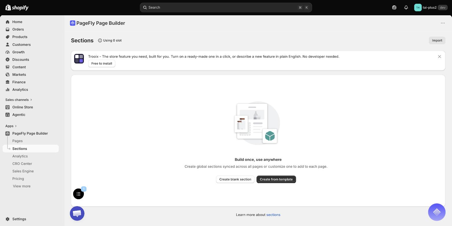 PageFly Sections screen in Shopify admin reading Build once use anywhere, create global sections synced across all pages, with Create blank section and Create from template buttons