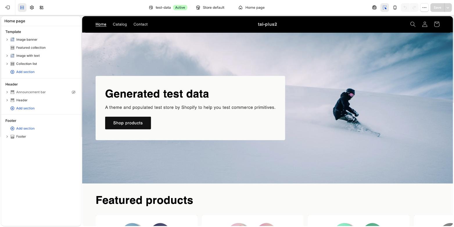 Shopify theme editor sidebar showing Template sections, the Header section group, the Footer section group and the Add section button
