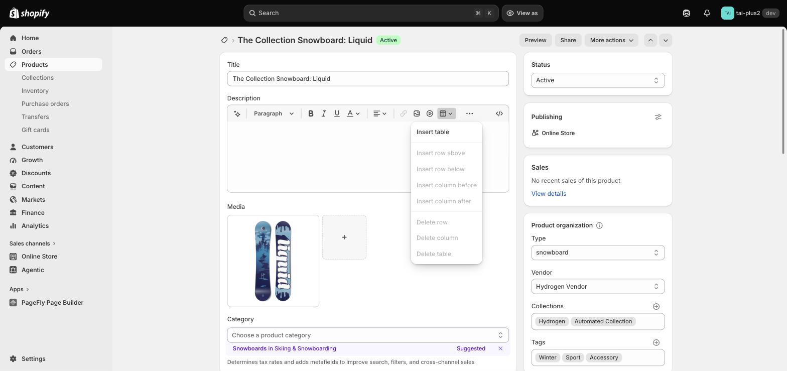 Shopify product description rich text editor with the table menu open showing Insert table, insert row and insert column options