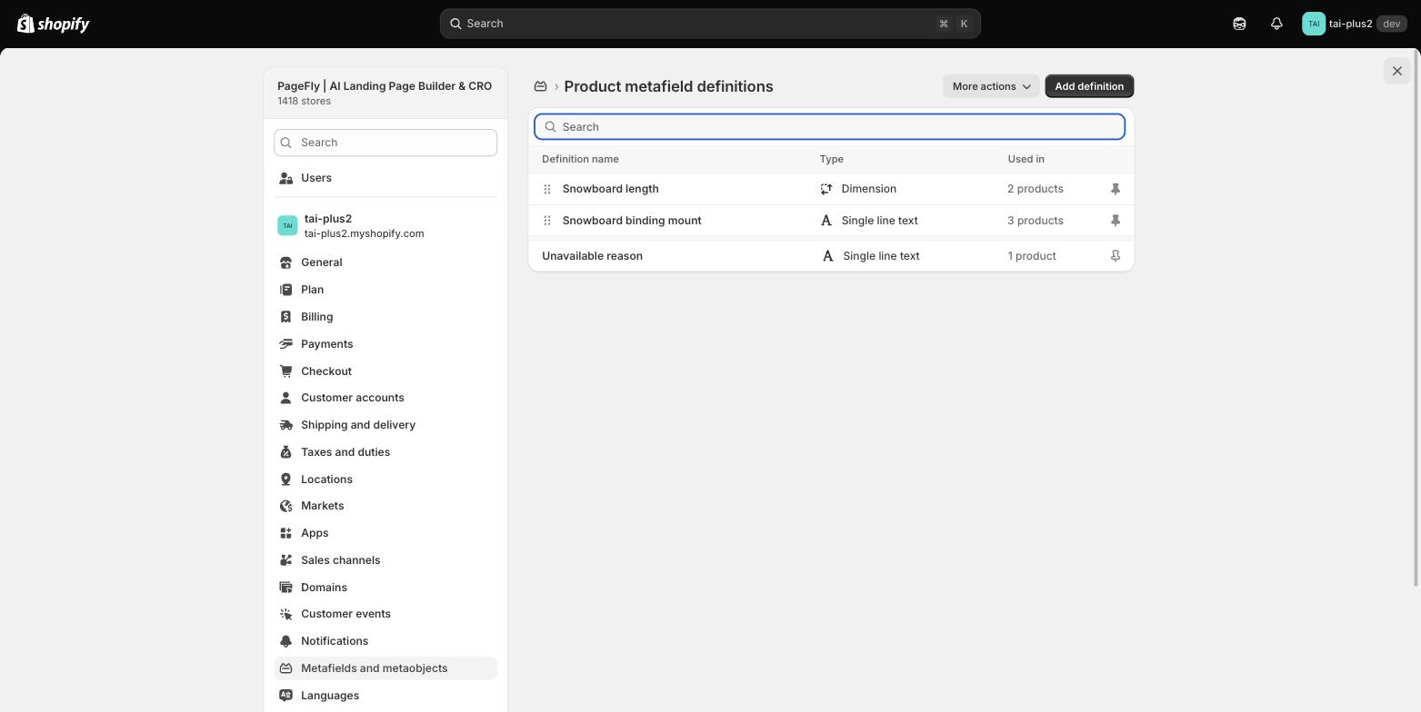 Shopify admin Settings Metafields and metaobjects Product metafield definitions page with the Add definition button