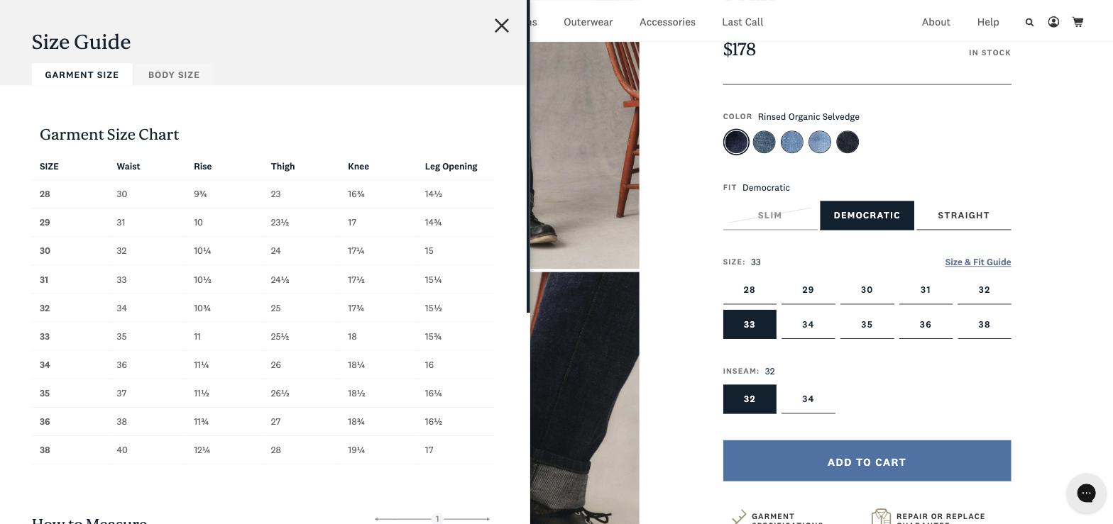 Taylor Stitch product page size guide drawer with Garment Size and Body Size tabs and a garment measurement table