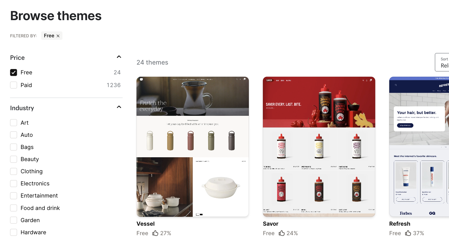 Shopify Theme Store price filter showing 24 free themes and 1,236 paid themes as of September 2026