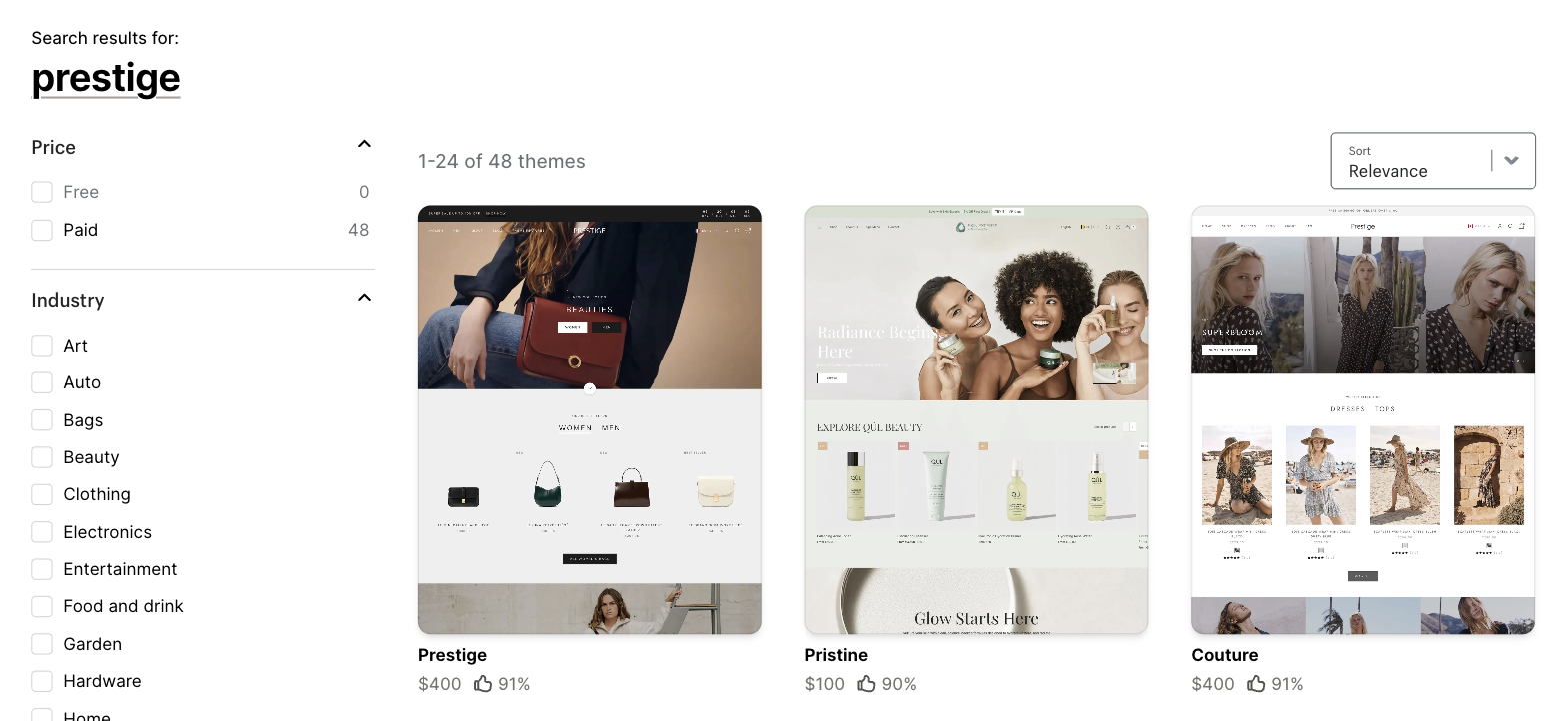 Searching the Shopify Theme Store for prestige returns the Prestige theme at $400 with a 91 percent rating, checked September 2026