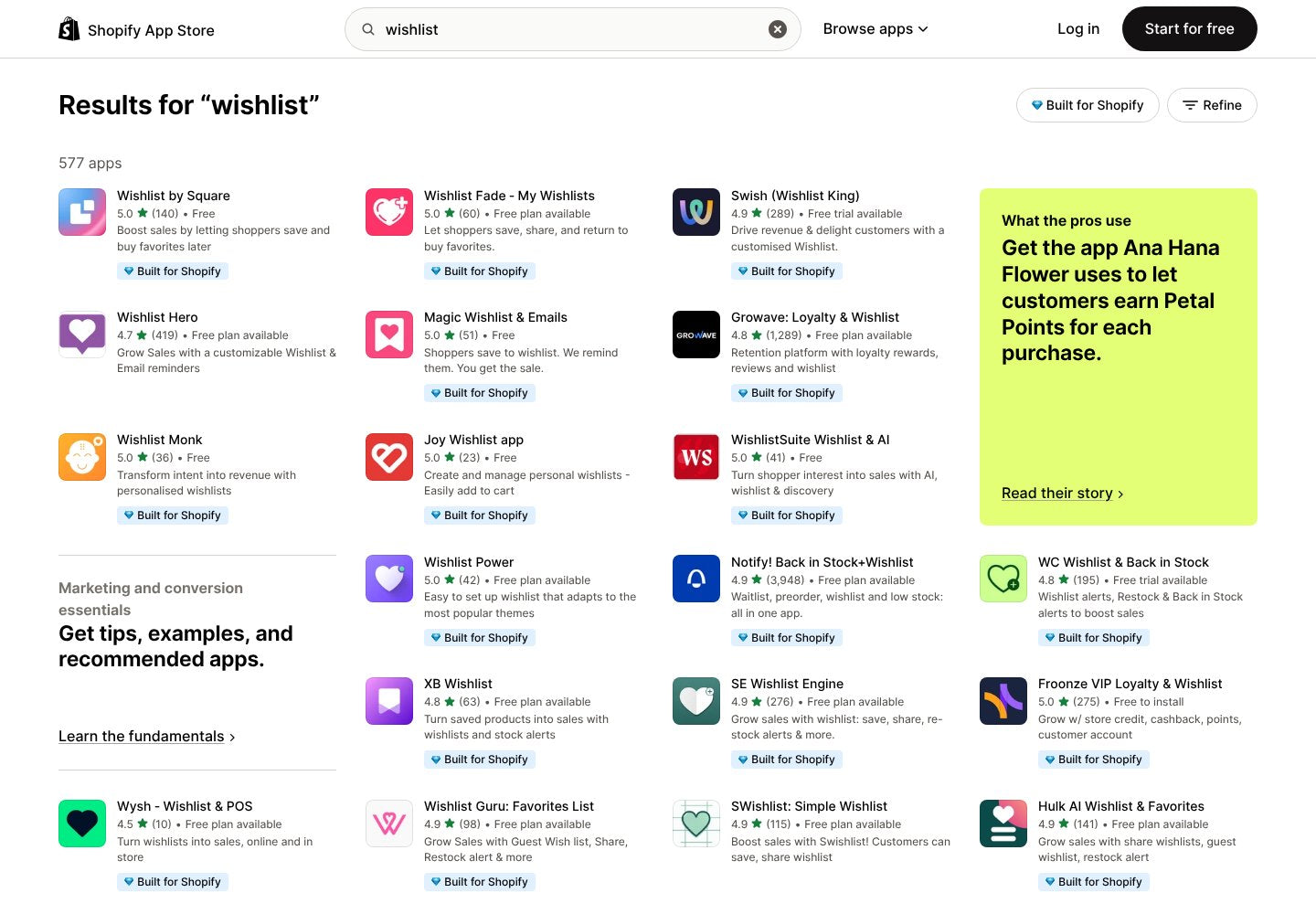 Shopify App Store search results for wishlist showing 577 apps, tested by PageFly on October 27, 2026