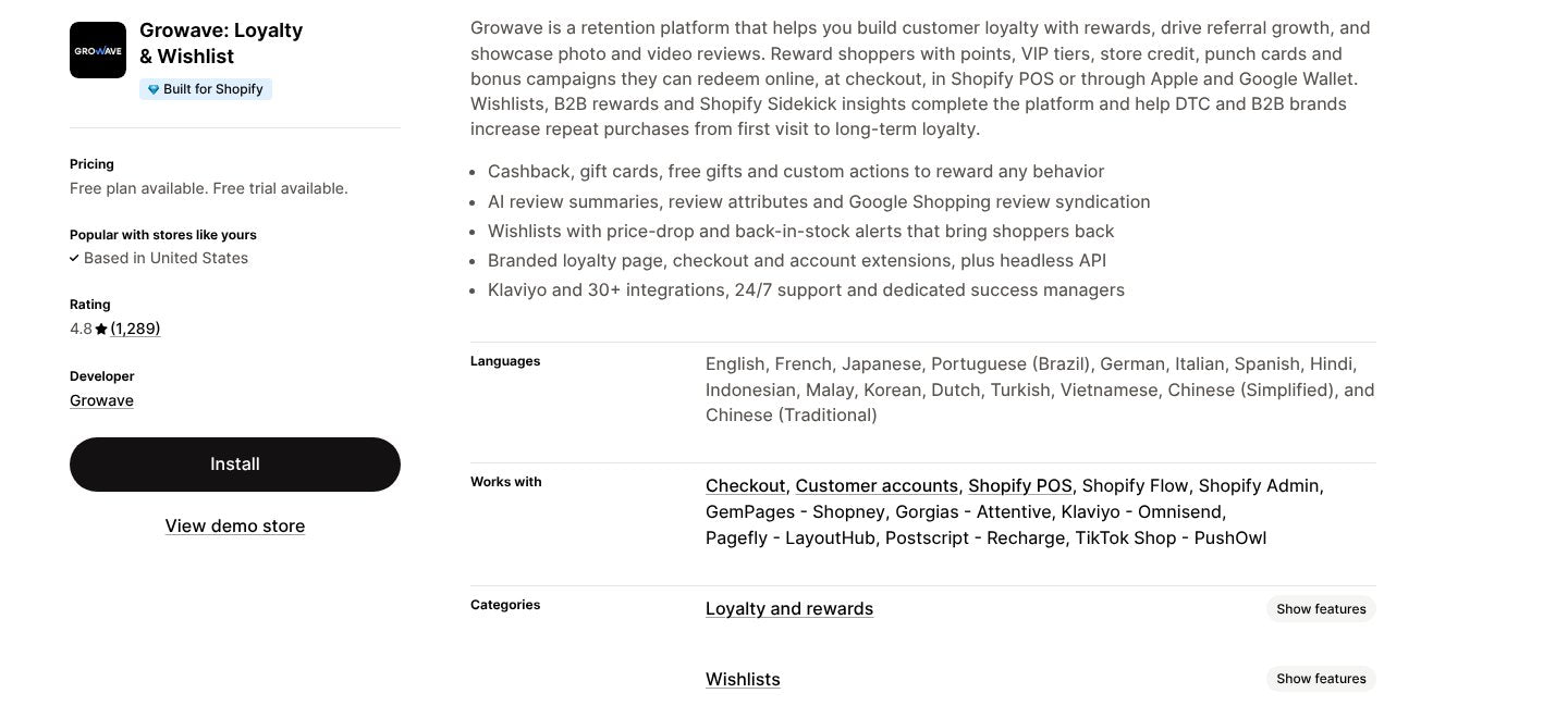 Growave Loyalty and Wishlist App Store listing with PageFly in its Works with list