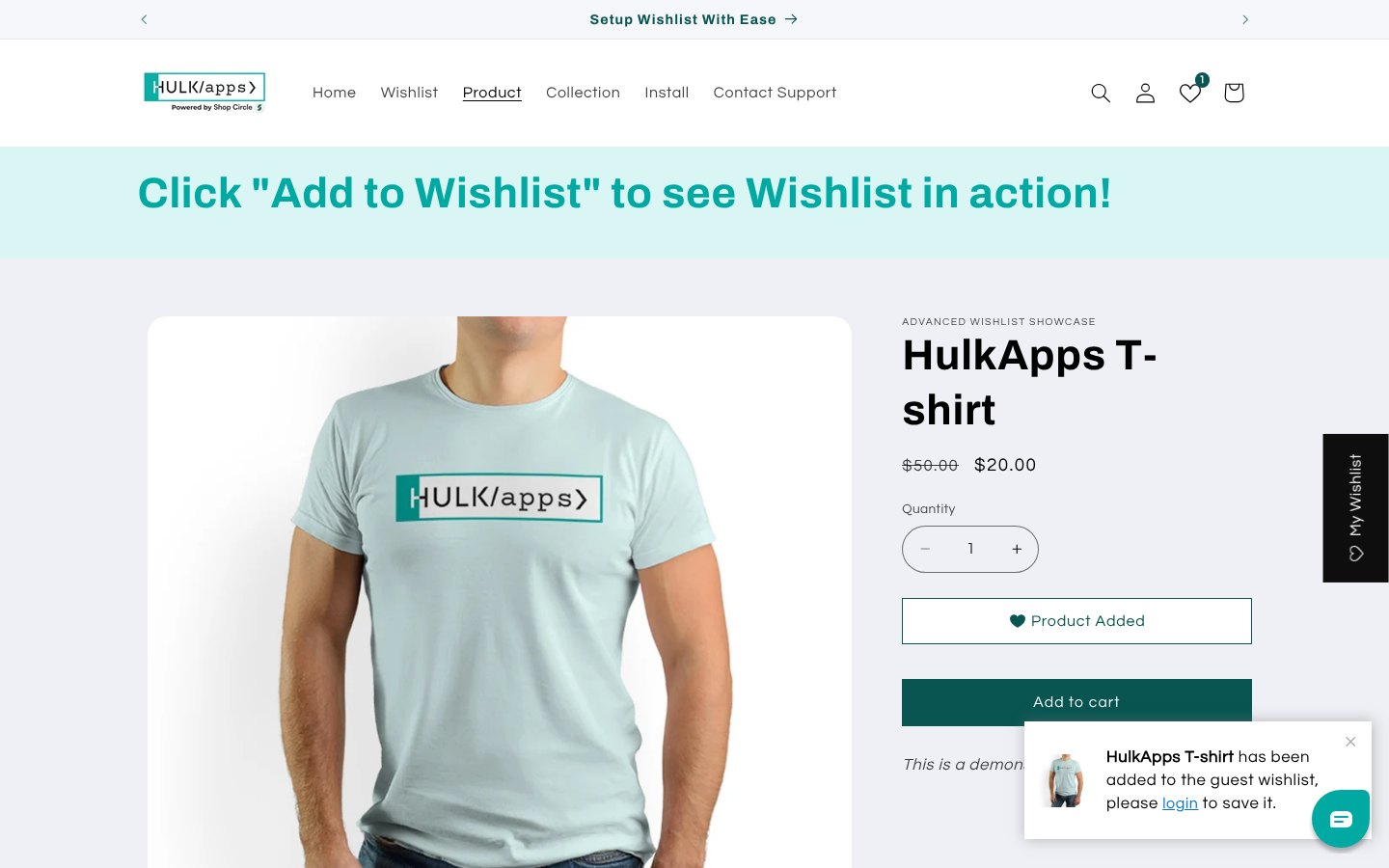 Wishlist app demo store after saving a product as a guest, with a prompt to log in to keep the wishlist