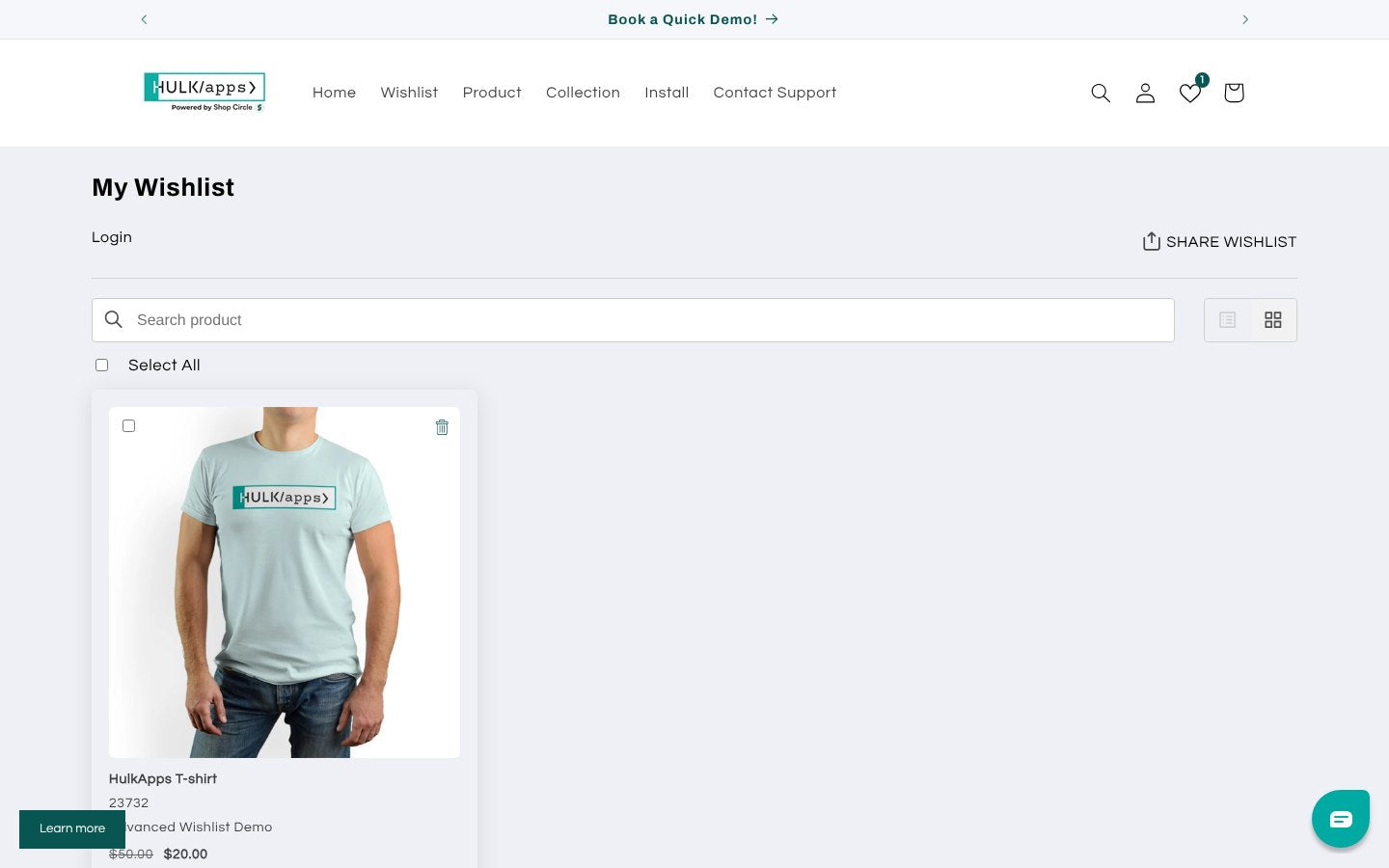 My Wishlist page on a Shopify demo store with a saved product, share button and move to cart